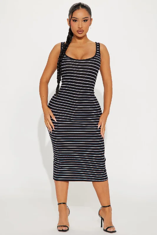 Ribbed Stripe Midi Dress - Black/White