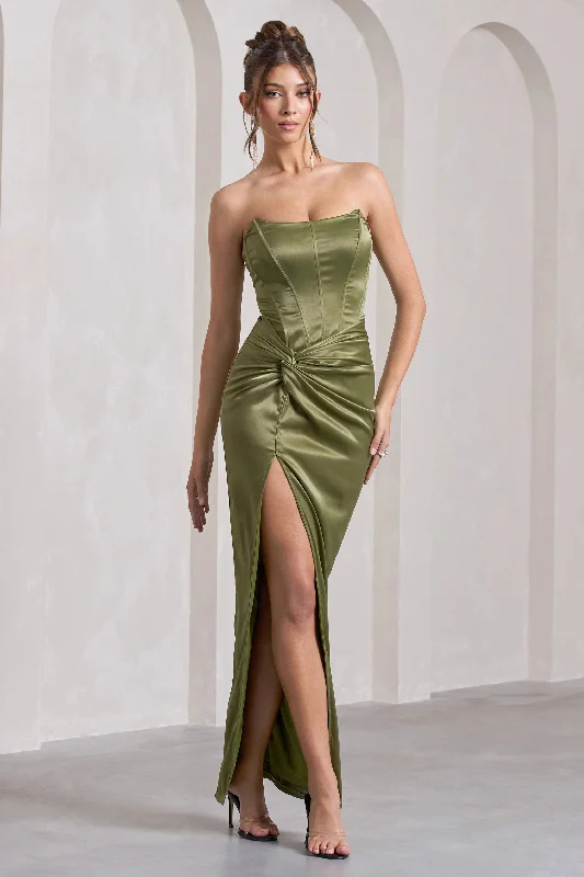 Romancing | Olive Thigh Split Corset Strapless Maxi Dress