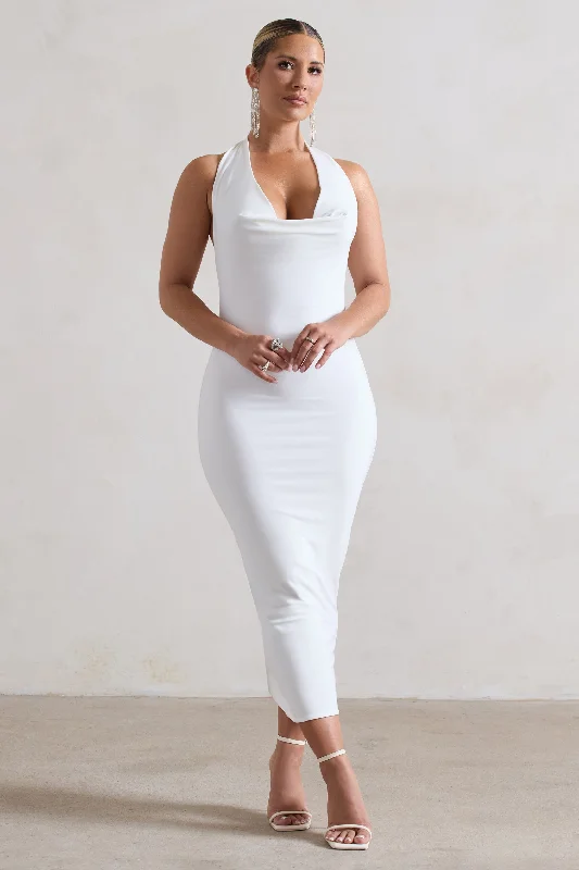 Roulette | White Cowl-Neck Midi Dress