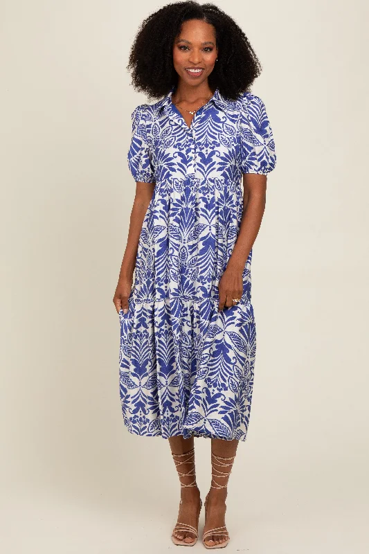 Royal Blue Damask Print Button Down Midi Dress