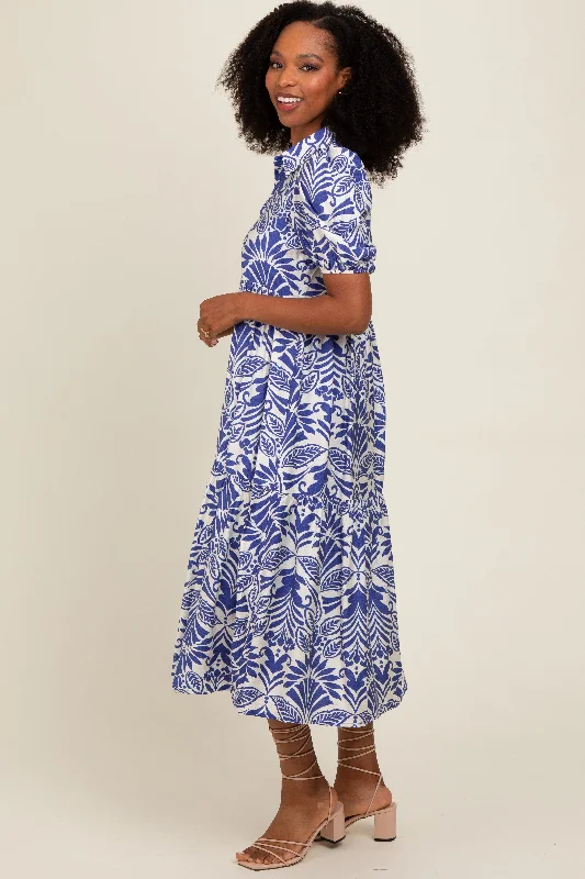 Royal Blue Damask Print Button Down Midi Dress