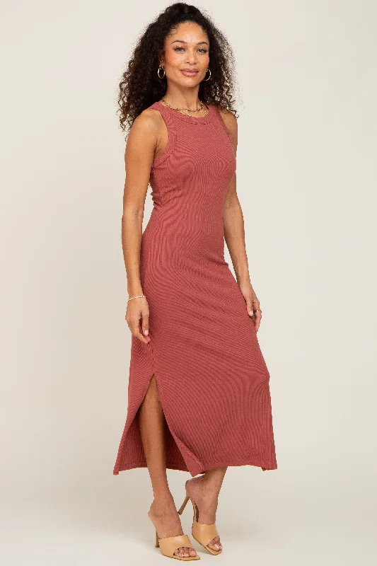 Rust Ribbed Side Slit Tank Dress