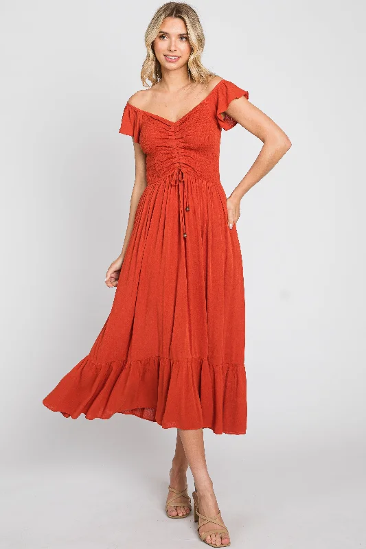 Rust Smocked Ruched Ruffle Hem Maxi Dress