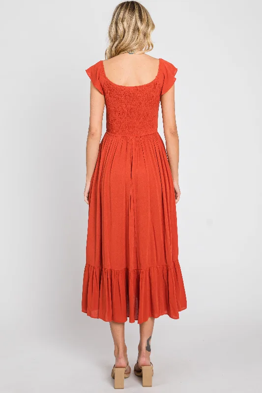 Rust Smocked Ruched Ruffle Hem Maxi Dress