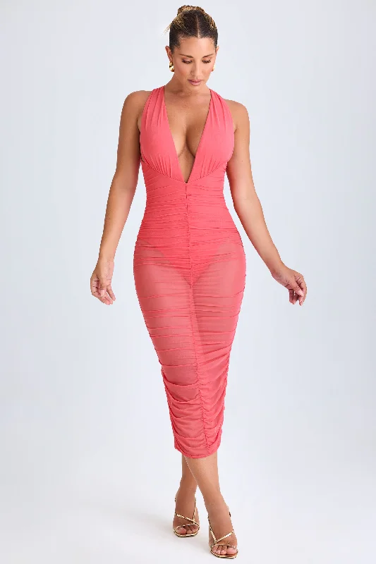 Ruched Plunge Midaxi Dress in Coral