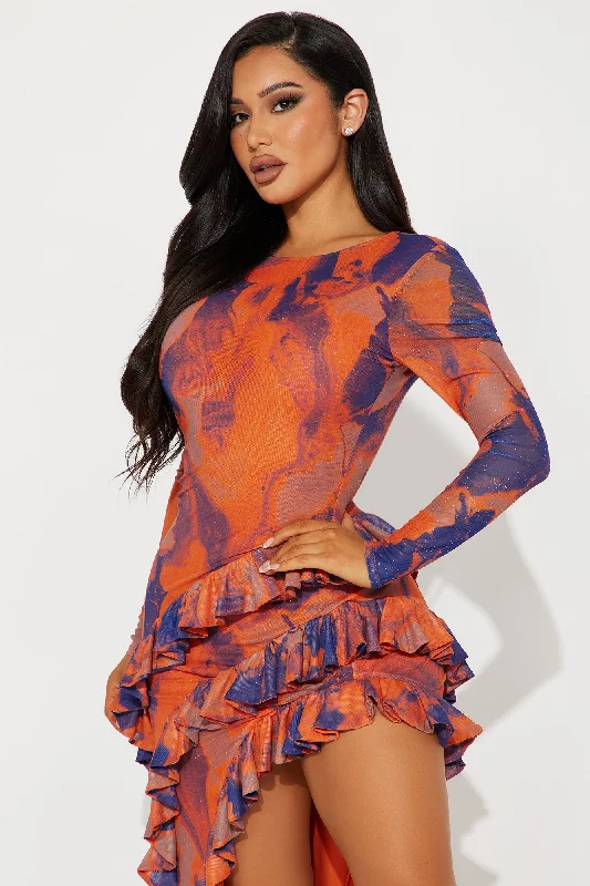 Santana Ruffle Mesh Maxi Dress - Orange/combo