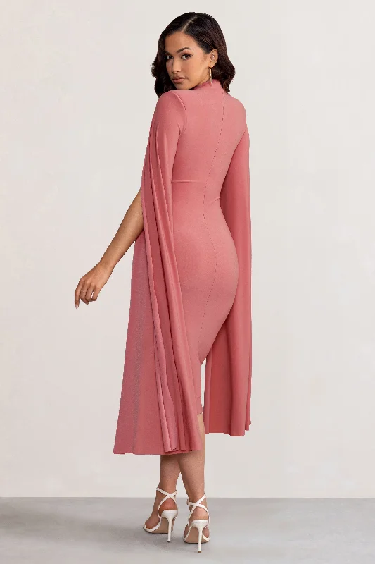 Sara | Blush High Neck Ruched Midi Dress with Cape Sleeves