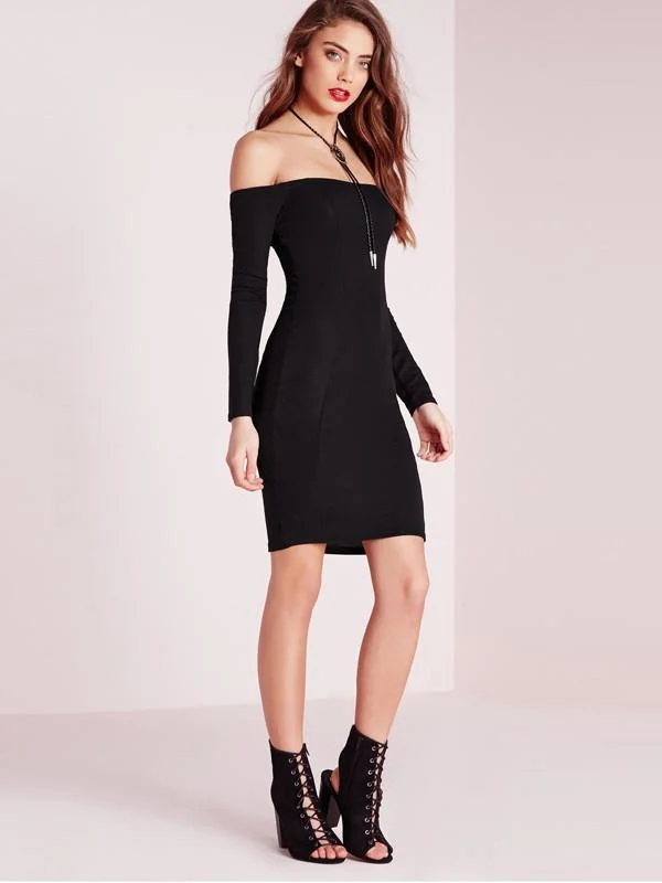 Women Fashion Elegant Black Off Shoulder Bodycon Dress