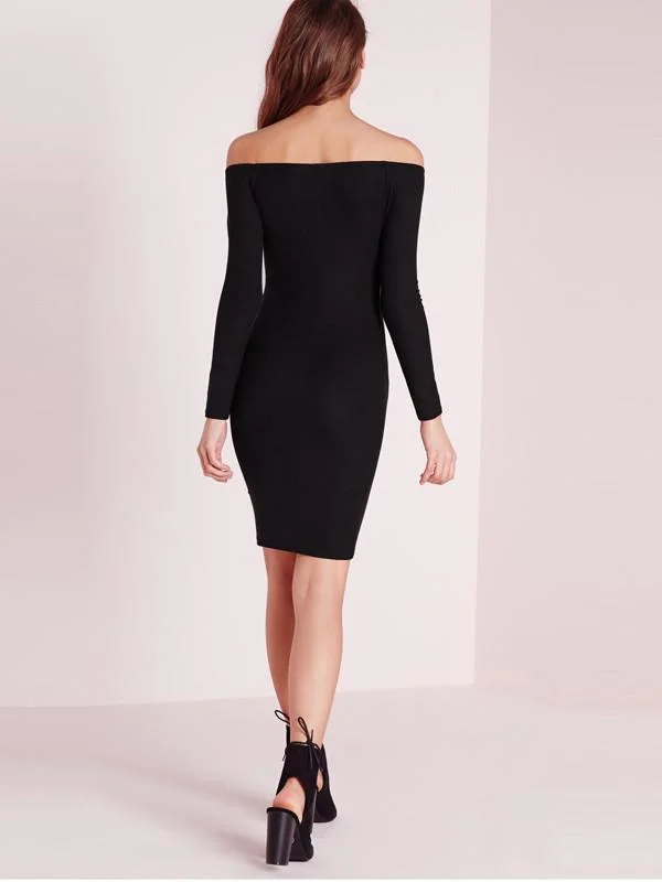 Women Fashion Elegant Black Off Shoulder Bodycon Dress