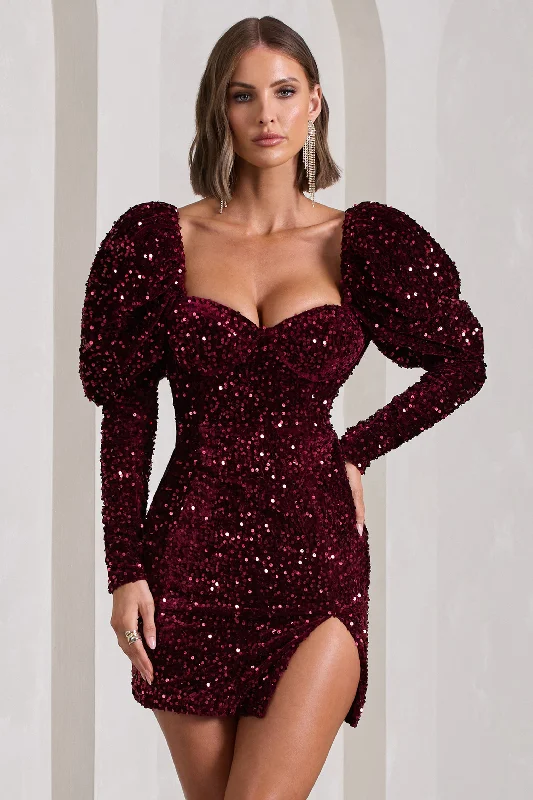 Shine Bright | Berry Sequin Mini Dress With Puff Sleeves