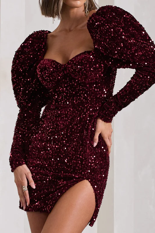 Shine Bright | Berry Sequin Mini Dress With Puff Sleeves