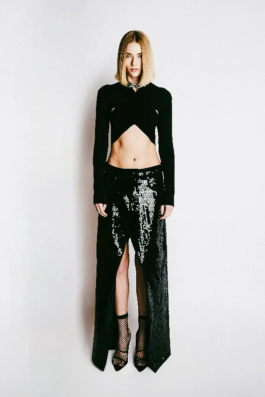 SLIT DENIM MAXI SKIRT | BLACK SEQUIN