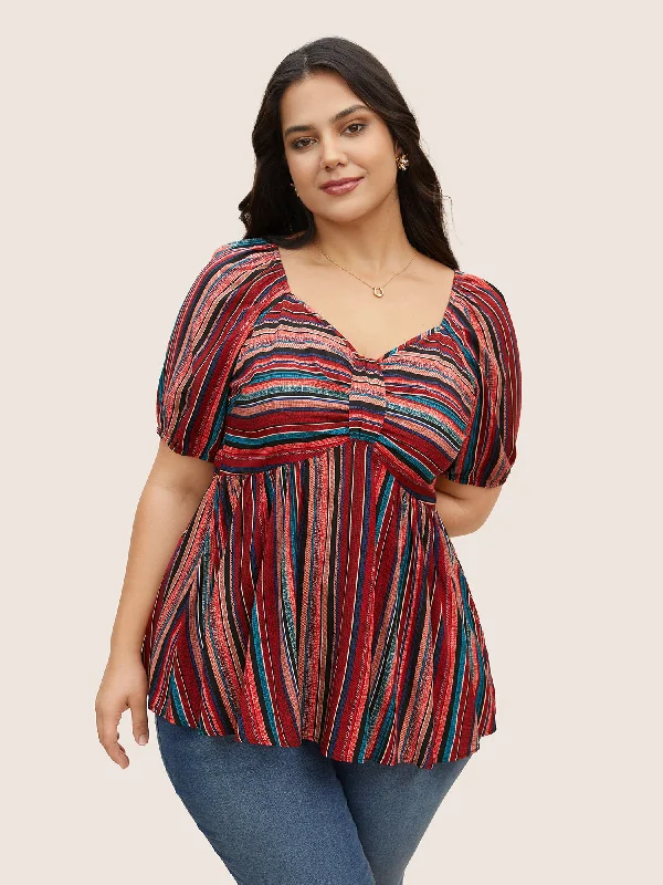 Striped Heart Neckline Lantern Sleeve Blouse