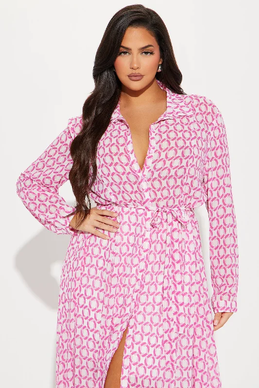 Tara Chiffon Midi Shirt Dress - Pink/combo