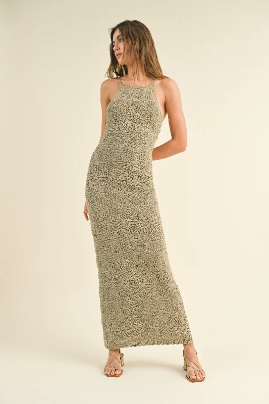 Taupe Crochet Knit Back Cutout Maxi Dress