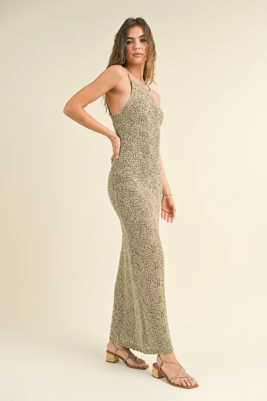 Taupe Crochet Knit Back Cutout Maxi Dress