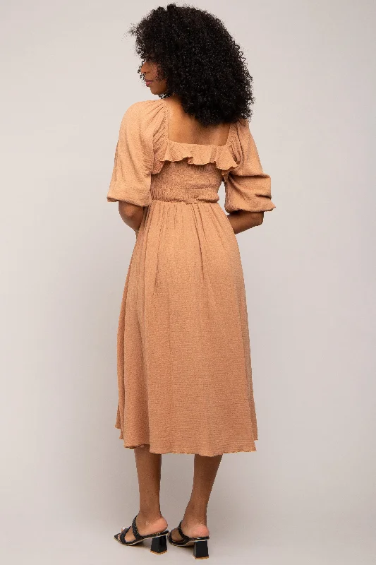 Taupe Gauze Smocked Midi Dress