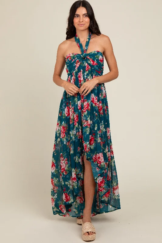 Teal Floral Halter Tie Back Hi-Lo Dress