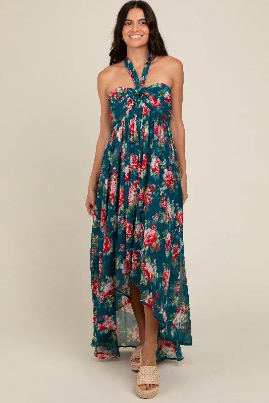 Teal Floral Halter Tie Back Hi-Lo Dress