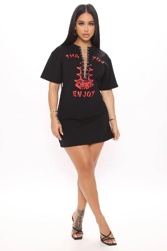 Thanks Enjoy T-Shirt Dress - Black