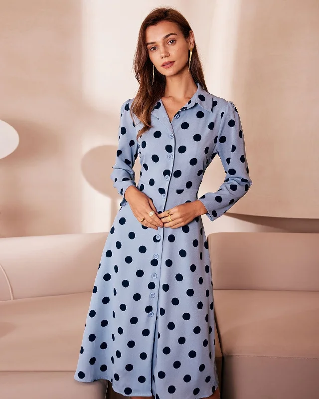 The Blue Lapel Polka Dot Button Midi Dress