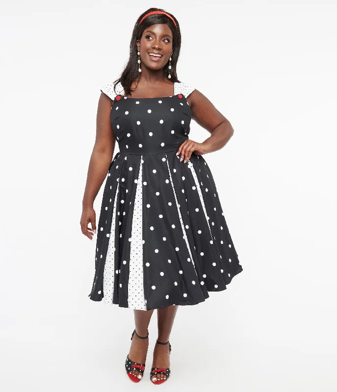 Unique Vintage Plus Size Black & White Polka Dot Stripe Swing Dress