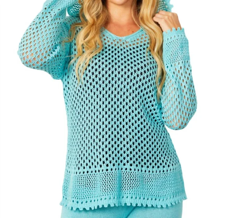 V-Neck Crochet Hoodie In Aqua