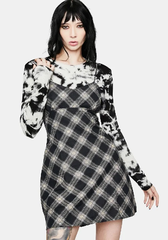 Valy 20s Check Black Grey Slip Dress