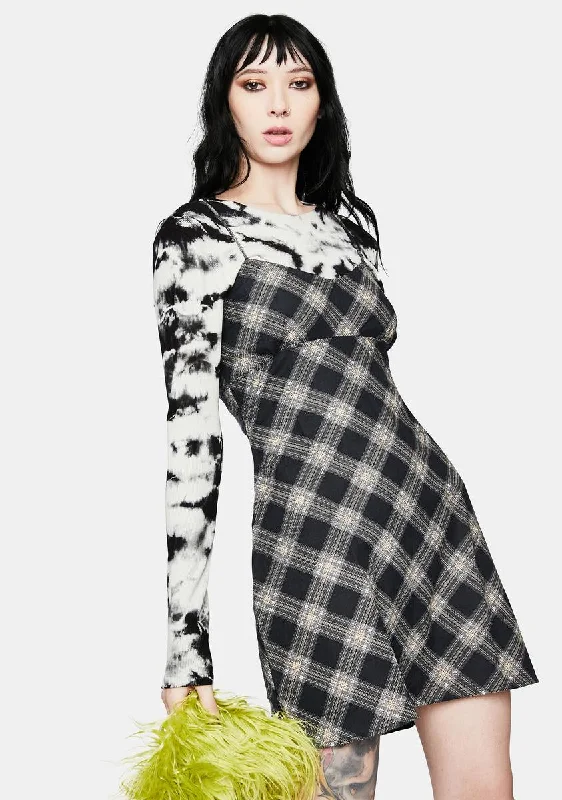 Valy 20s Check Black Grey Slip Dress