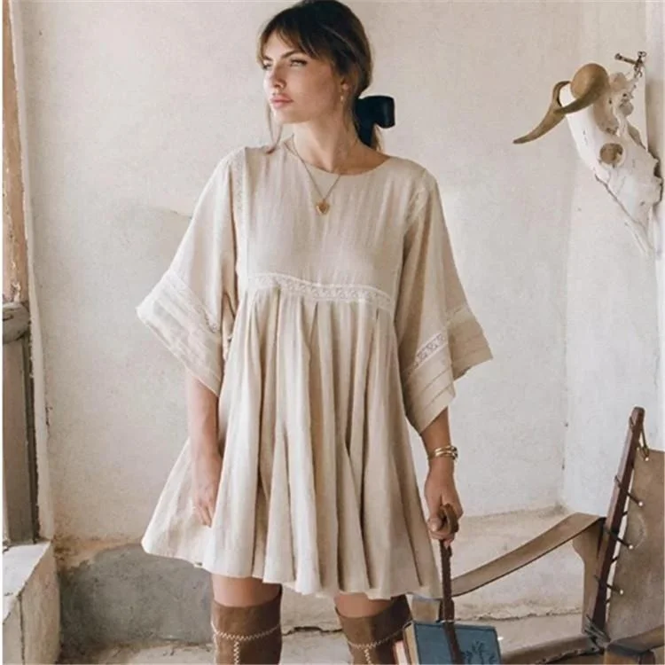 Beige Vintage Bohemian Style Mini Dress