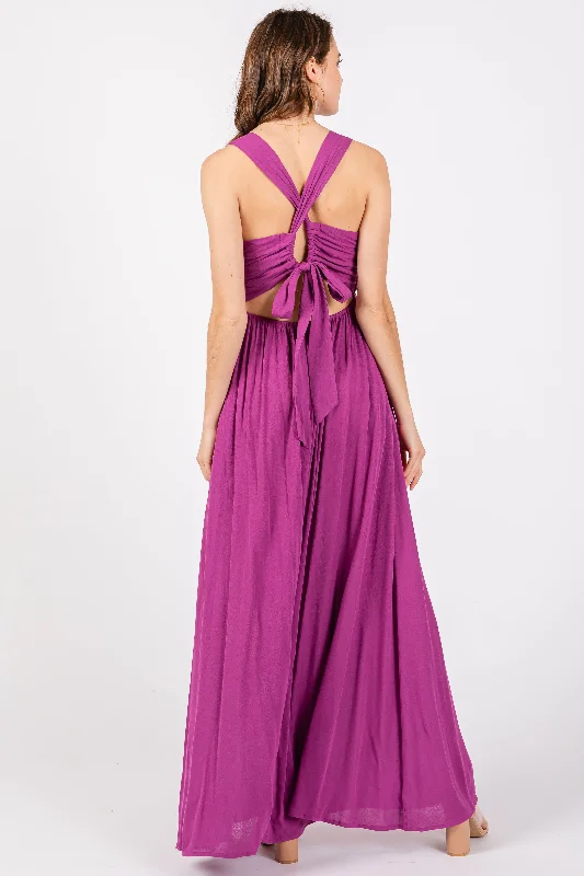 Violet Deep V-Neck Cross Back Maxi Dress