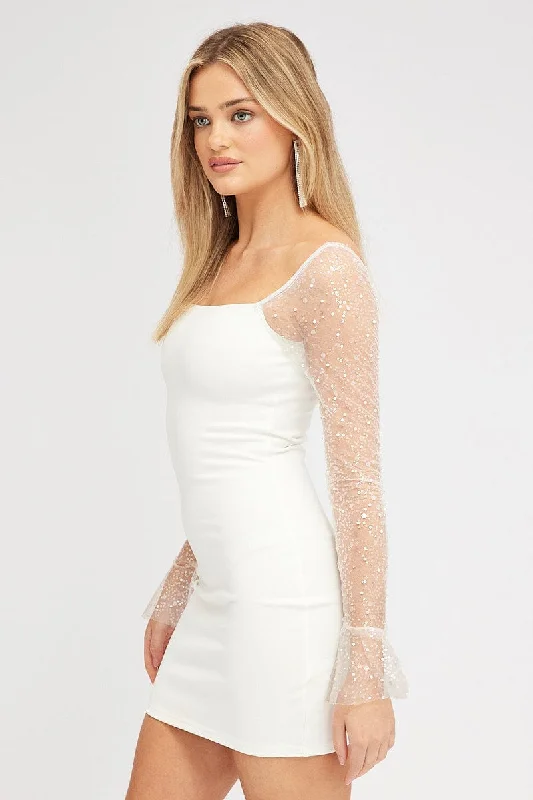 White Bodycon Dress Beaded Embellished Bell Mesh Sleeve