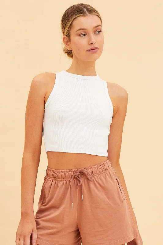 White Cropped Tank Cotton Blend Rib High Neck Racer Back