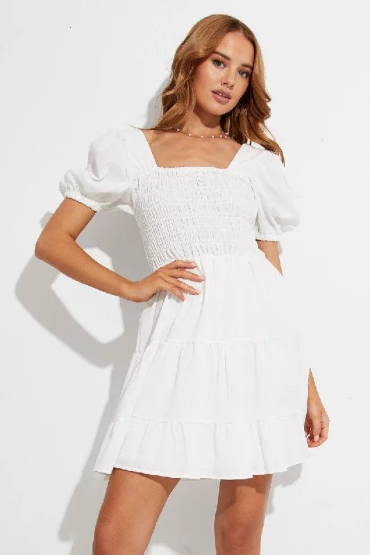 White Fit And Flare Dress Puff Sleeve Square Neck