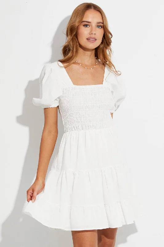 White Fit And Flare Dress Puff Sleeve Square Neck