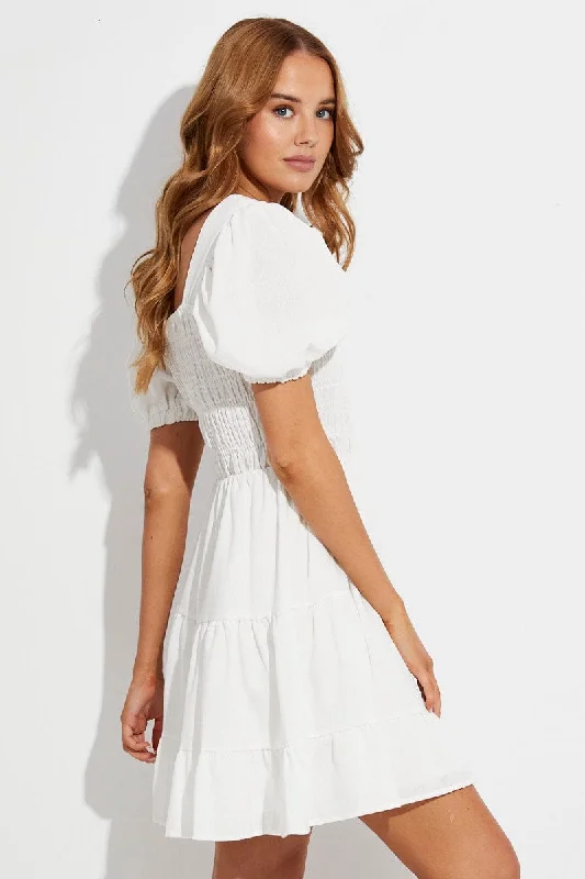 White Fit And Flare Dress Puff Sleeve Square Neck