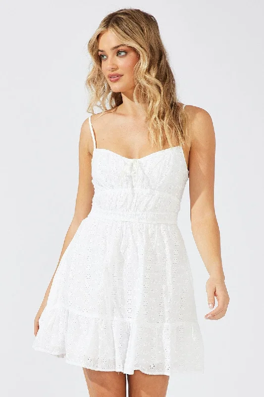 White Fit and Flare Eyelet Sleeveless Dress