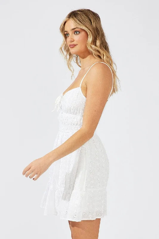 White Fit and Flare Eyelet Sleeveless Dress