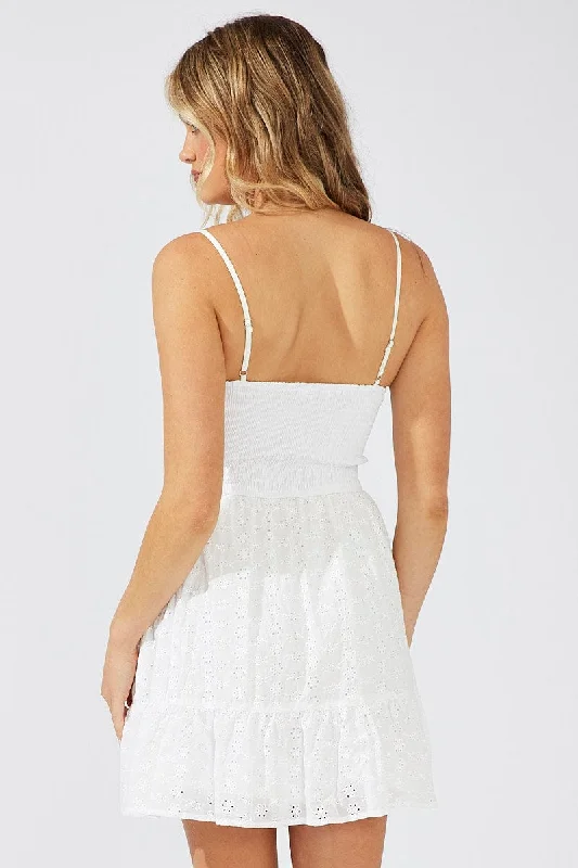 White Fit and Flare Eyelet Sleeveless Dress