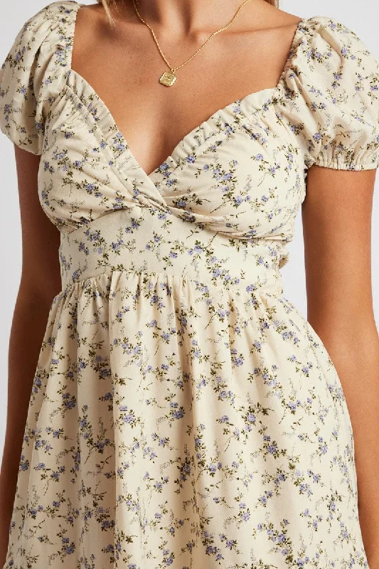 White Floral Fit And Flare Dress Puff Sleeve