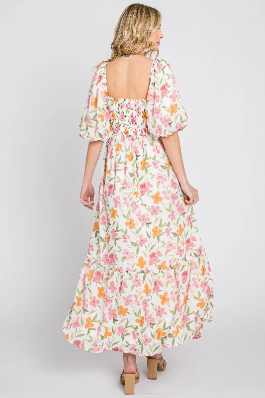 White Floral Puff Sleeve Maxi Dress