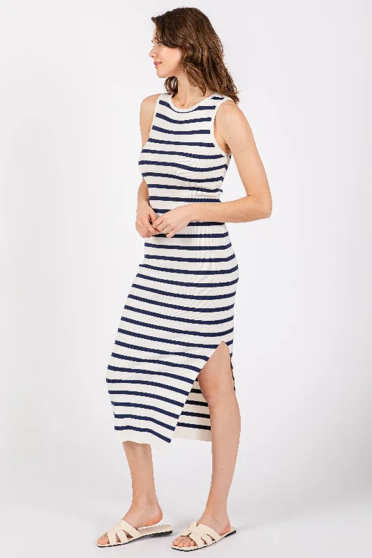 White Navy Striped Knit Sleeveless Side Slit Midi Dress