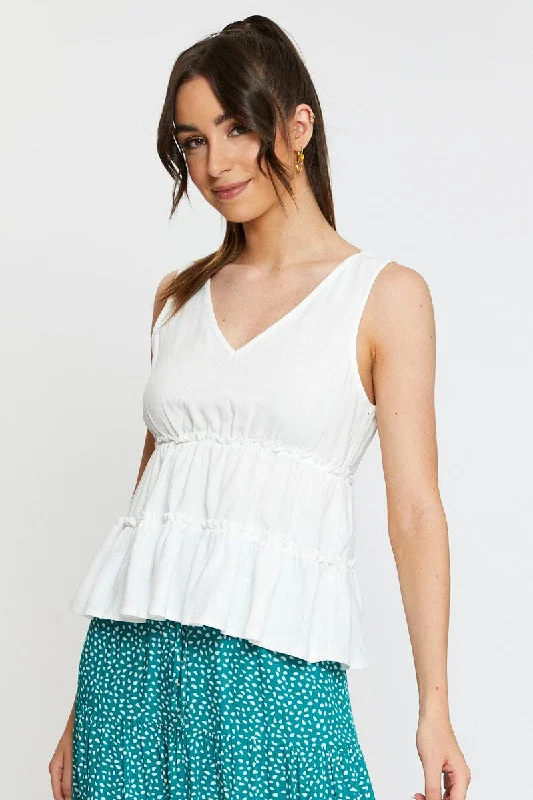 White Peplum Blouse Sleeveless V-Neck