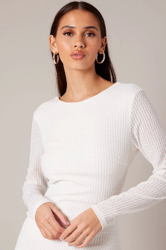 White Textured Dress Long Sleeve