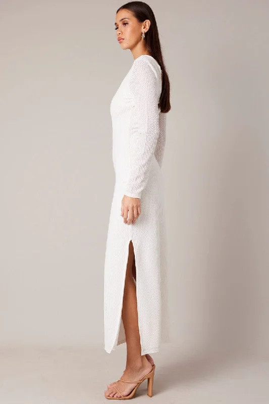 White Textured Dress Long Sleeve