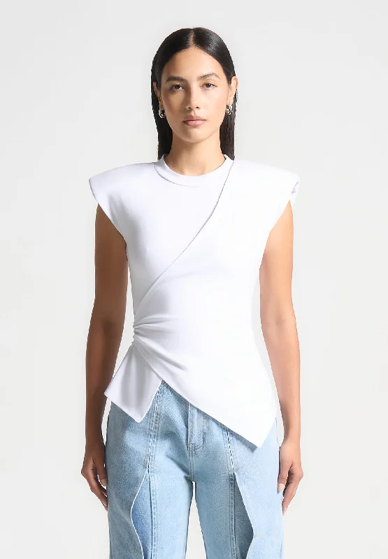 Wide Shoulder Ruched Waist Top - White