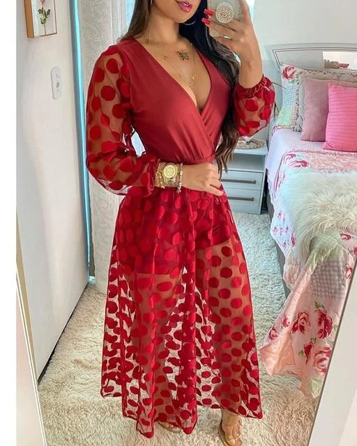 Polkadot Print Wrap Long Sleeve Maxi Dress