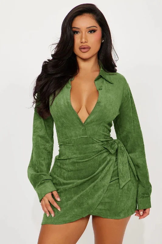 Working Hard Suede Mini Dress - Green