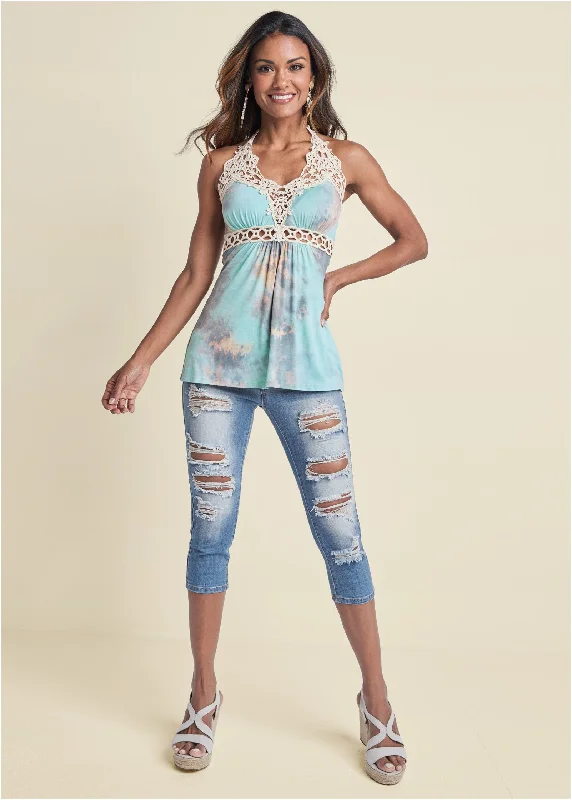 Tie dye lace top - Light Blue Multi