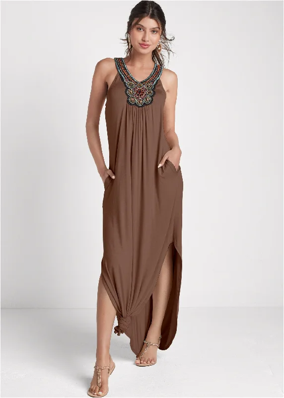 Beaded detail maxi dress - Brown